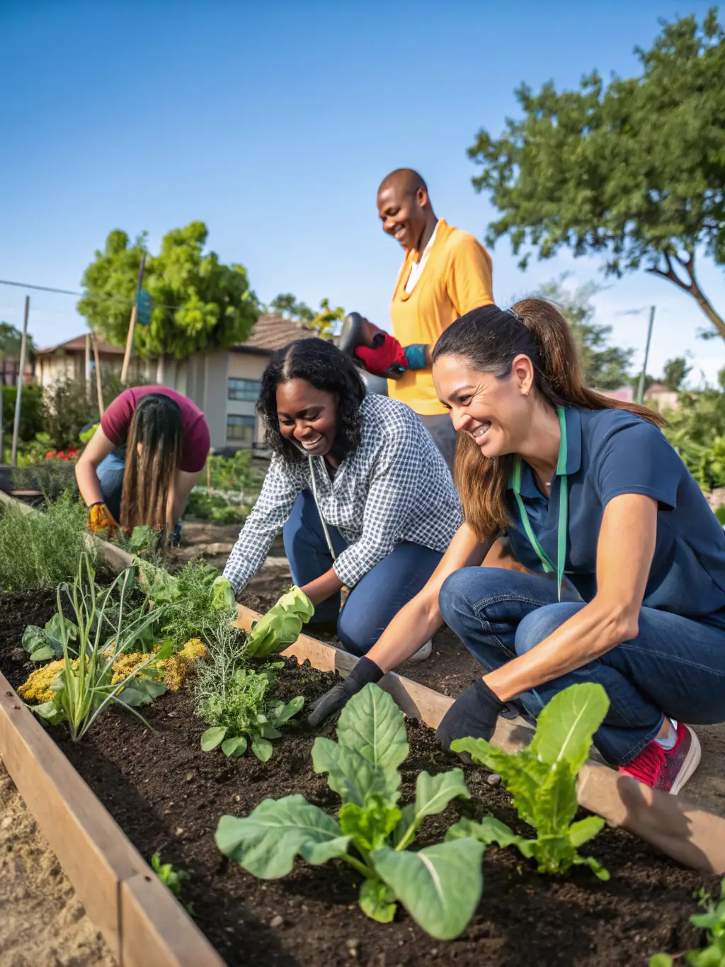 Volunteers assisting with a community garden project organized by ACTION SOCIALE SPORTIVE CULTUR AGR, emphasizing the organization's commitment to environmental sustainability and community engagement.