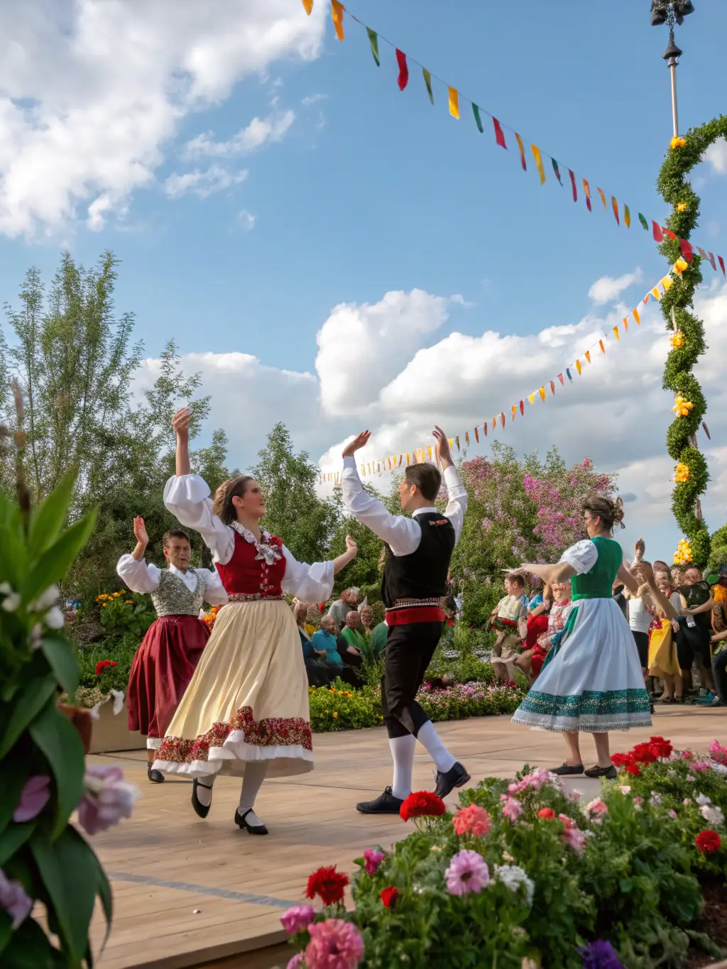 A captivating photograph of a cultural dance performance on an outdoor stage, featuring dancers in traditional attire, moving gracefully to the rhythm of live music, with an appreciative audience enjoying the spectacle.