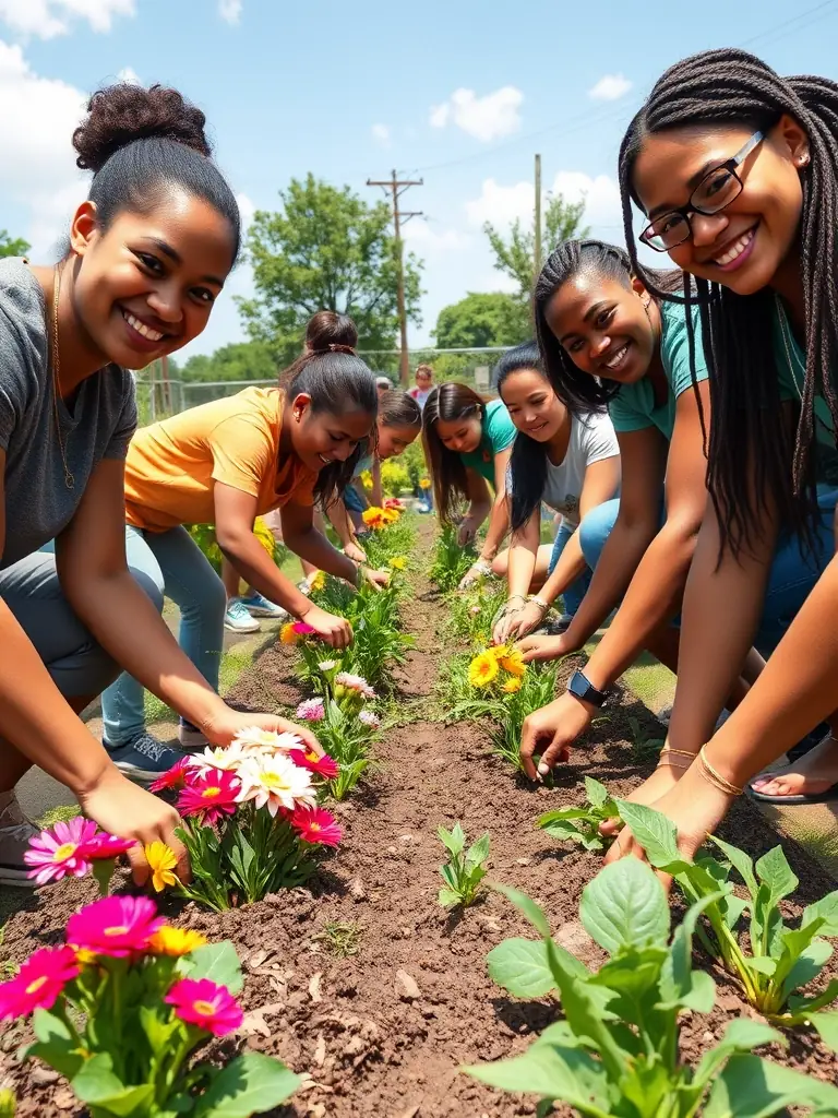 A heartwarming image of volunteers working together on a community garden project, planting vegetables and flowers, with smiles and a sense of accomplishment, set in a lush green space with raised garden beds.